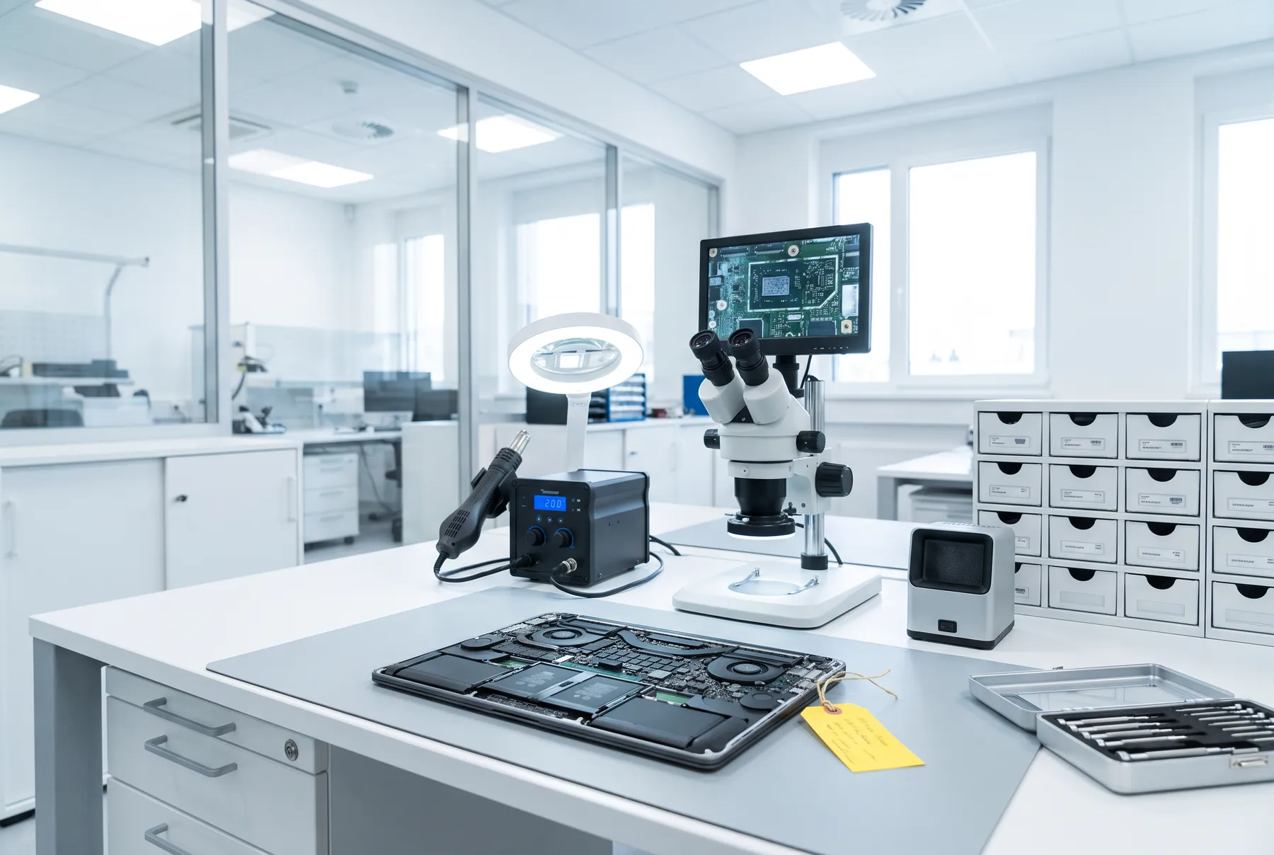 Laboratorio de reparación con microscopio digital, estación de soldadura y un portátil abierto con su orden de trabajo
