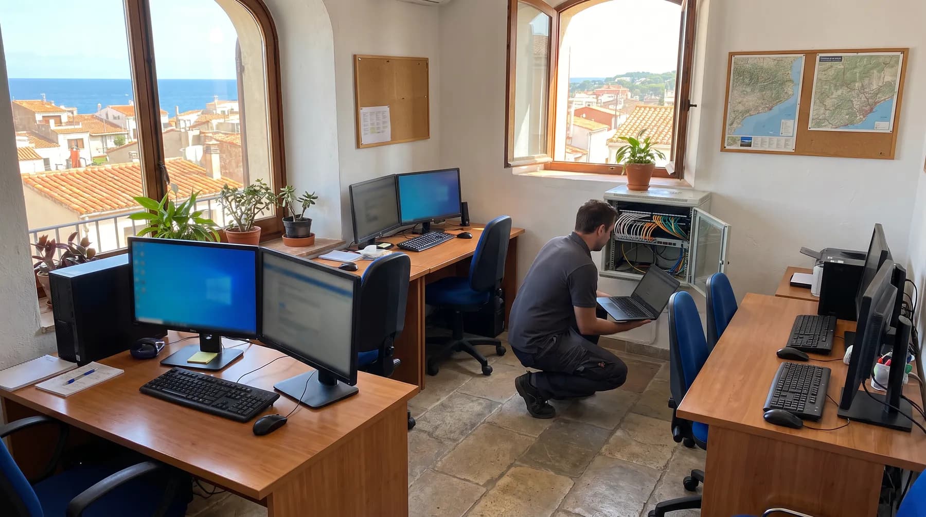 Técnico revisando el armario de red de una oficina